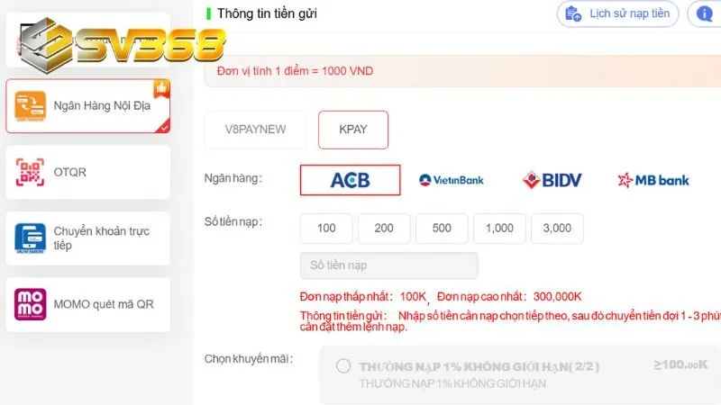 Nạp tiền SV368 trên nhiều phương thức khác nhau
